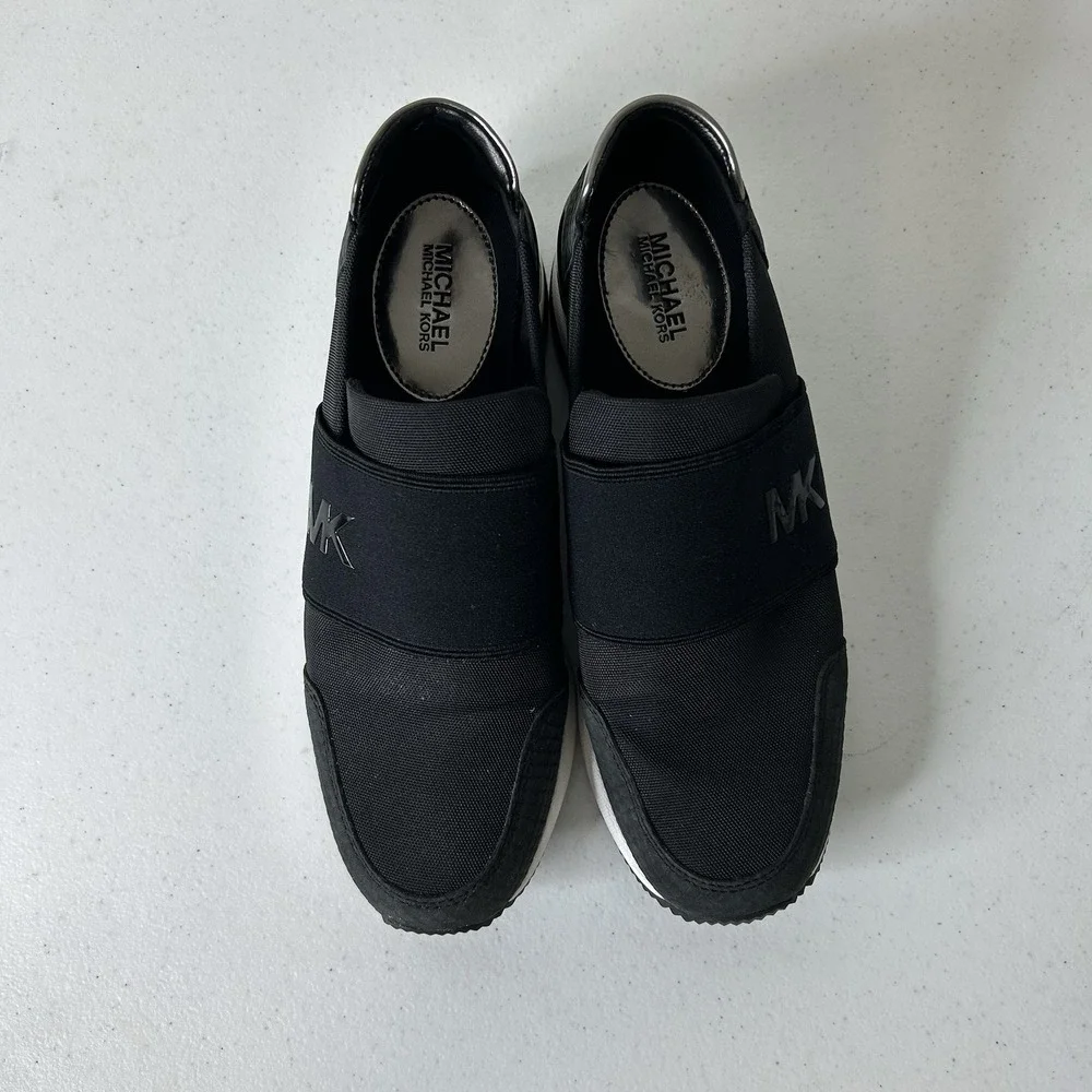 Michael Kors Women's 7.5 Felix Trainer Wedge Tech Canvas Sneakers Black